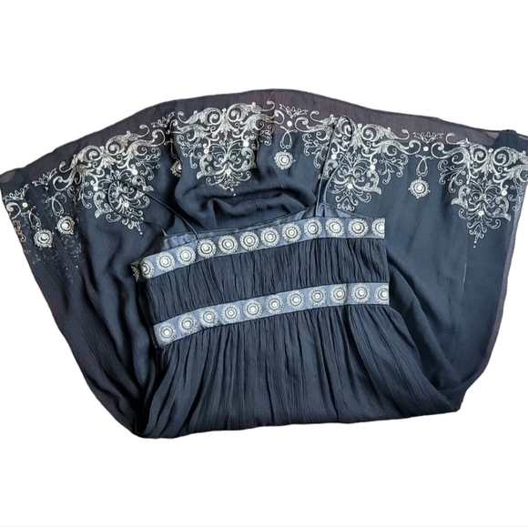 Maggie London Silk & Chiffon‎ Spaghetti Strap Gold Embroidered Baby Doll Dress - Picture 5 of 11